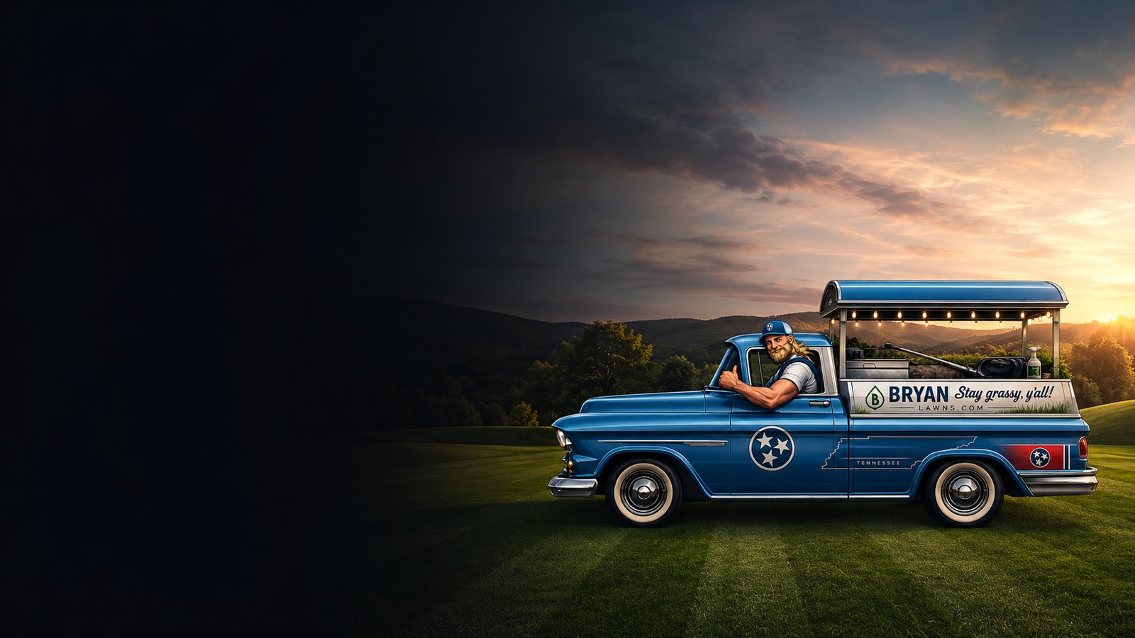Bryan Lawn Care truck at sunset in Nashville
